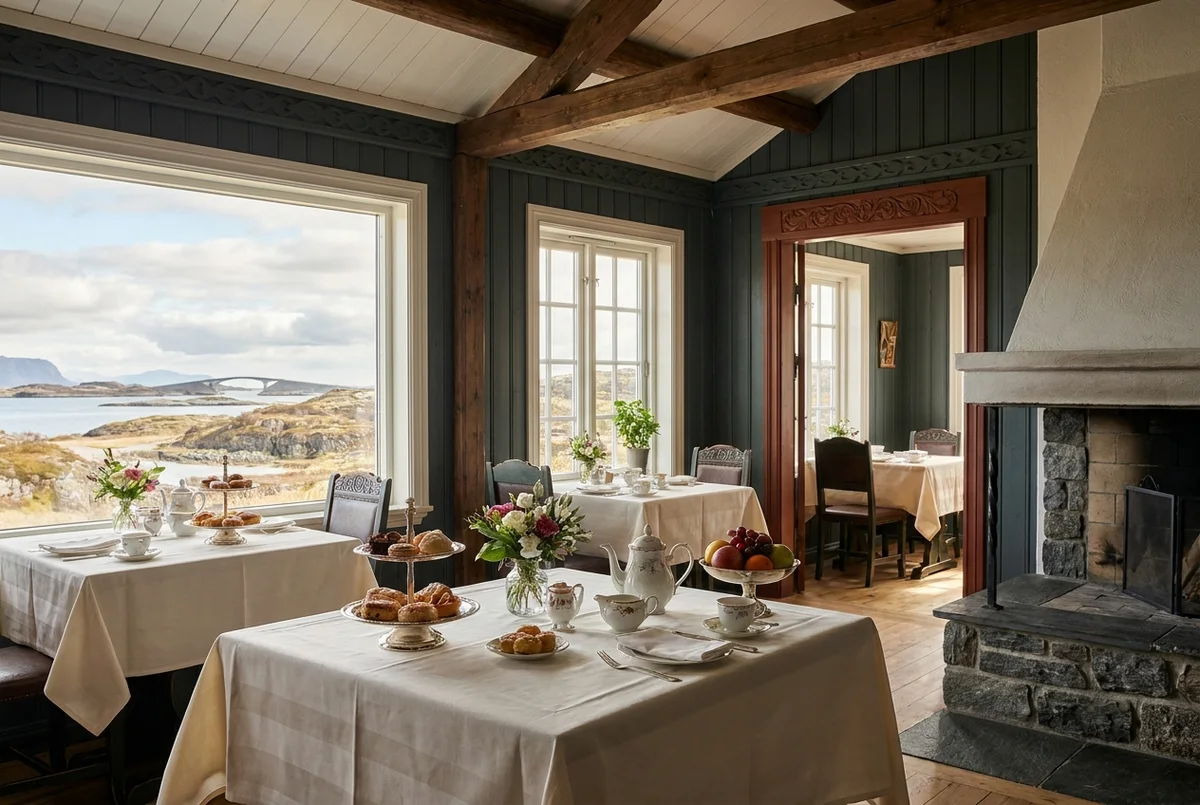 The small hall laid for breakfast: linen cloth, honeycomb, and the fjord larder.