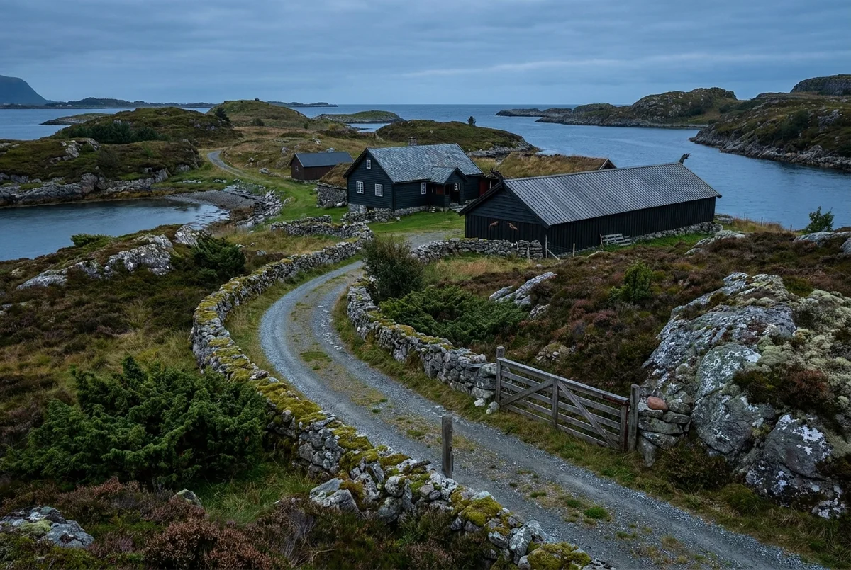The Atlantic Road skerries at Averøy, the estate's setting on the Norwegian coast.