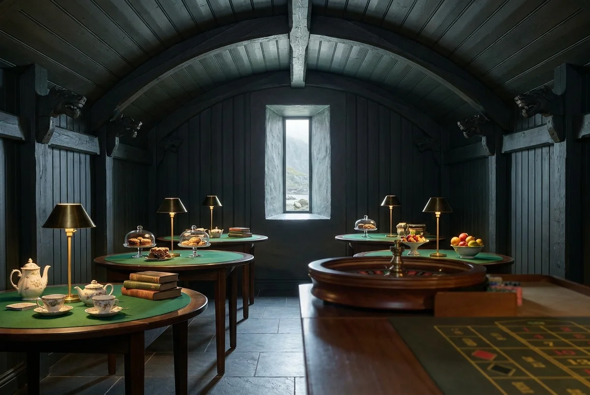 The gaming room beneath the old byre, low stone arches and a single felt table.